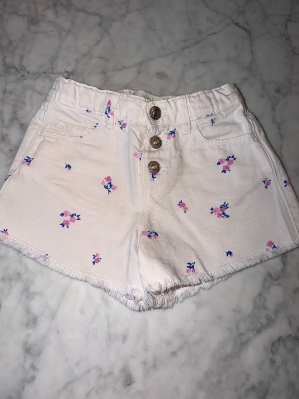 Zara Girl White Denim Shorts with Pink & Blue Floral Print 4Y
